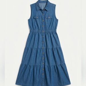 100% Cotton Denim Tiered Midi Sleeveless Dress with Button Front NWOT
